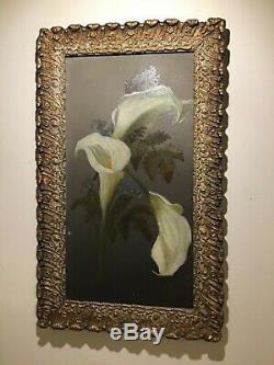 Antique vintage very old gilt framed painting on tin of orchids