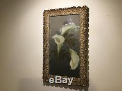 Antique vintage very old gilt framed painting on tin of orchids