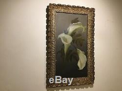 Antique vintage very old gilt framed painting on tin of orchids