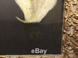 Antique vintage very old gilt framed painting on tin of orchids