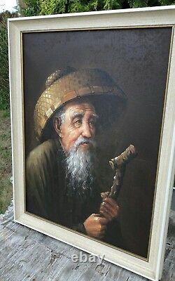 Beautiful Vintage Framed Oil Painting of Chinese Old Man