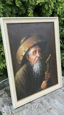 Beautiful Vintage Framed Oil Painting of Chinese Old Man
