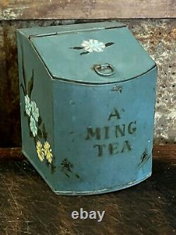 Best Old Blue Paint Primitive A Ming Tea Darjeeling Tea Metal Tin Box hinged lid