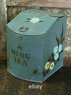 Best Old Blue Paint Primitive A Ming Tea Darjeeling Tea Metal Tin Box hinged lid