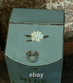 Best Old Blue Paint Primitive A Ming Tea Darjeeling Tea Metal Tin Box hinged lid