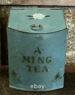 Best Old Blue Paint Primitive A Ming Tea Darjeeling Tea Metal Tin Box hinged lid