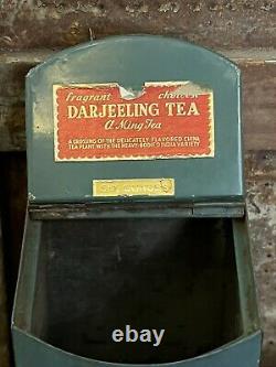 Best Old Blue Paint Primitive A Ming Tea Darjeeling Tea Metal Tin Box hinged lid