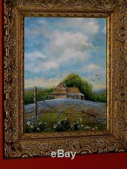 Bluebonnet Landscape Texas Hill Country Old Rural House Fence Birds Oil Painting