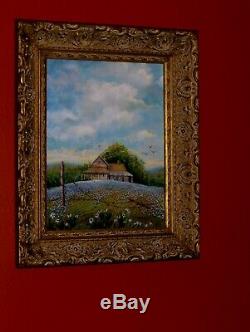 Bluebonnet Landscape Texas Hill Country Old Rural House Fence Birds Oil Painting