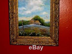 Bluebonnet Landscape Texas Hill Country Old Rural House Fence Birds Oil Painting