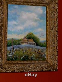 Bluebonnet Landscape Texas Hill Country Old Rural House Fence Birds Oil Painting