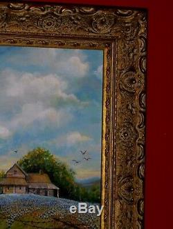 Bluebonnet Landscape Texas Hill Country Old Rural House Fence Birds Oil Painting