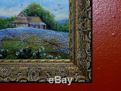 Bluebonnet Landscape Texas Hill Country Old Rural House Fence Birds Oil Painting