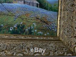 Bluebonnet Landscape Texas Hill Country Old Rural House Fence Birds Oil Painting