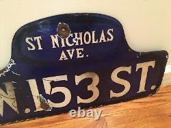 C1916 Vintage HARLEM NYC NY History Antique Porcelain Humpback Old Street Sign