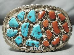 Chunky Vintage Zuni Turquoise Coral Sterling Silver Buckle Old