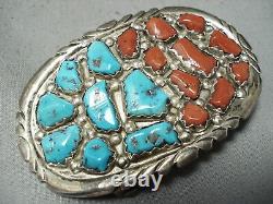 Chunky Vintage Zuni Turquoise Coral Sterling Silver Buckle Old