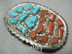 Chunky Vintage Zuni Turquoise Coral Sterling Silver Buckle Old