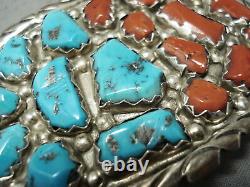 Chunky Vintage Zuni Turquoise Coral Sterling Silver Buckle Old