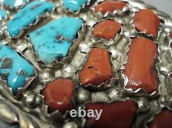 Chunky Vintage Zuni Turquoise Coral Sterling Silver Buckle Old