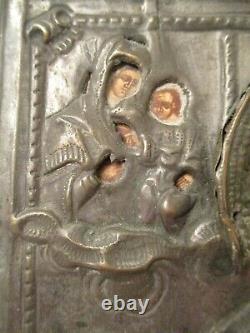 EARLY Antique OLD RUSSIAN Painted Wood & METAL Saint ICON Signed on Back