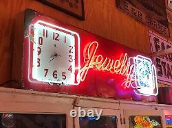 Early Porcelain NEON JEWELRY DIAMONDS Sign w CLOCK Vintage Old Antique ORIGINAL