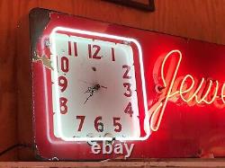 Early Porcelain NEON JEWELRY DIAMONDS Sign w CLOCK Vintage Old Antique ORIGINAL