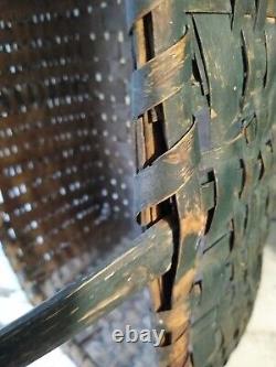 Early Primitive Woven Basket Best Original Old Dark Green Paint Signed Handle