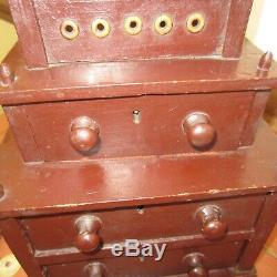 Early primitive antique wooden handmade sewing cabinet original old paint SIGNED