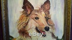 FINE 1947 OLD OIL ON CANVAS BOARD PAINTING COLLIE DOG Vtq Atq oil dog signedAH