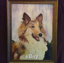 FINE 1947 OLD OIL ON CANVAS BOARD PAINTING COLLIE DOG Vtq Atq oil dog signedAH