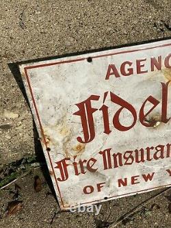 FIRE INSURANCE fidelity NY Antique Porcelain Sign Old Original Signage