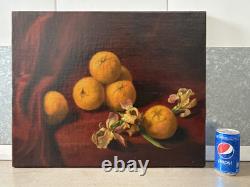 Fine Antique Old 19th c. Floral Flowers Fruit Still Life Oil Painting, Signed