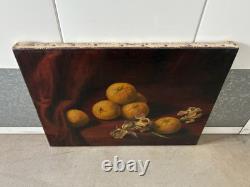 Fine Antique Old 19th c. Floral Flowers Fruit Still Life Oil Painting, Signed