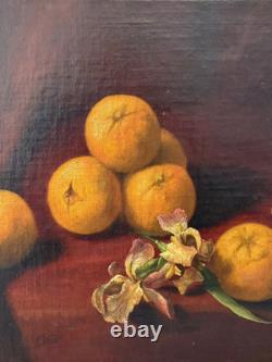 Fine Antique Old 19th c. Floral Flowers Fruit Still Life Oil Painting, Signed