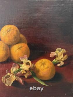 Fine Antique Old 19th c. Floral Flowers Fruit Still Life Oil Painting, Signed