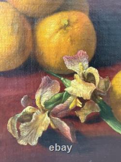 Fine Antique Old 19th c. Floral Flowers Fruit Still Life Oil Painting, Signed