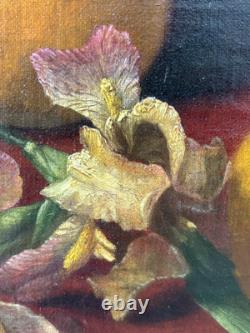 Fine Antique Old 19th c. Floral Flowers Fruit Still Life Oil Painting, Signed