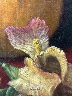Fine Antique Old 19th c. Floral Flowers Fruit Still Life Oil Painting, Signed