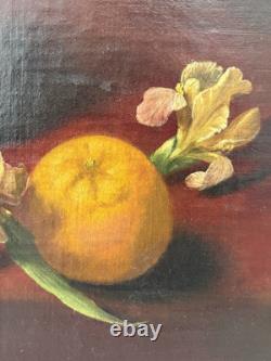Fine Antique Old 19th c. Floral Flowers Fruit Still Life Oil Painting, Signed