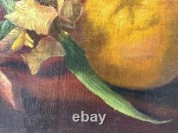 Fine Antique Old 19th c. Floral Flowers Fruit Still Life Oil Painting, Signed
