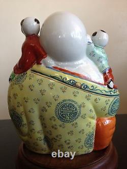 Fine Old Chinese Republic Famille Porcelain Buddha Five Children Statue SIGNED