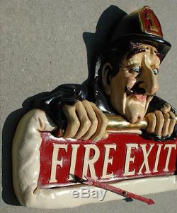 Fire Exit Sign Old Man Fireman w Hat Arrow Vintage Antique Style Store Shop Bar