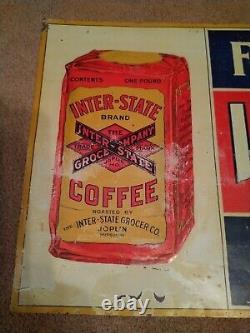 Fresh Roasted Inter-State Coffee Antique Decent Old Metal Sign Joplin Missouri