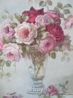GORGEOUS Christie Repasy Canvas Print PINK CRANBERRY ROSES OLD Gesso WHITE FRAME