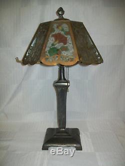 Great Old Art Nouveau Double Signed Reverse Painted Shade Pairpoint Table Lamp