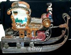 Great Old Folk Art Carved Wooden & Iron Sleigh Hand Painted. Woman & Dogs