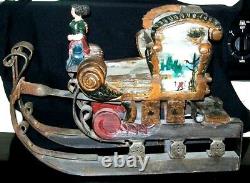 Great Old Folk Art Carved Wooden & Iron Sleigh Hand Painted. Woman & Dogs