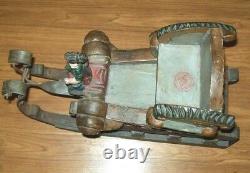 Great Old Folk Art Carved Wooden & Iron Sleigh Hand Painted. Woman & Dogs