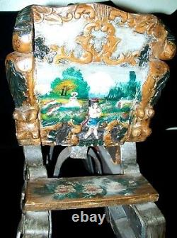 Great Old Folk Art Carved Wooden & Iron Sleigh Hand Painted. Woman & Dogs